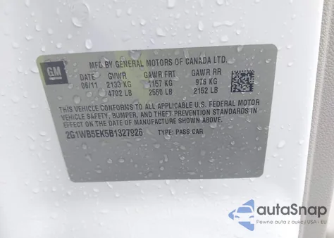 2011 Chevrolet Impala Lt from USA, damaged, VIN 2G1WB5EK5B1327926